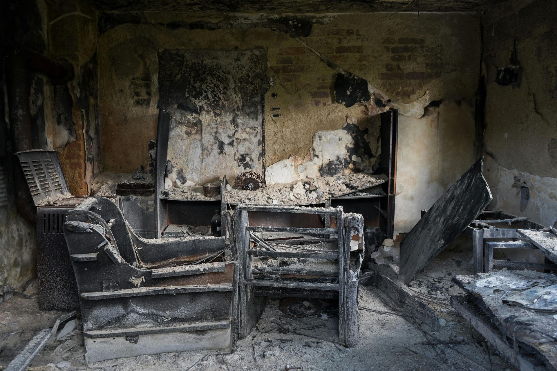 Fire and smoke damaged living room