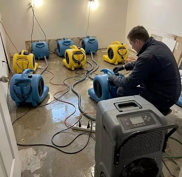 Technician setting air movers and a dehumidifier on a wet floor after water damage